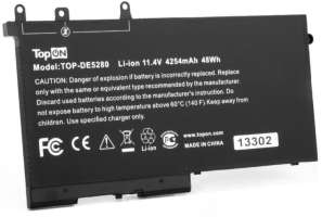 Аккумулятор для ноутбука Dell TopOn TOP-DE5280 5280, 5480, 5580, 5290, 5590 11.4V 4254mAh (4YFVG)