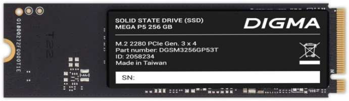 Digma Накопитель SSD M.2 2280 Mega P5 DGSM3256GP53T 256GB 2900/1200MB/s, TBW 200, MTBF 2M