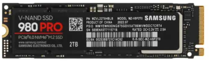 Накопитель SSD M.2 2280 Samsung MZ-V9P2T0BW 990 PRO 2TB PCIe Gen 4.0 x4, NVMe 2.0 V-NAND 3-bit MLC 7450/6900MB/s IOPS 1400K/1550K MTBF 1.5M