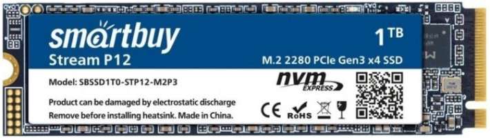 SmartBuy Накопитель SSD M.2 2280 Stream P12 SBSSD1T0-STP12-M2P3 1TB, 3500/3100MBs, 512 TBW, MTBF 1.5M