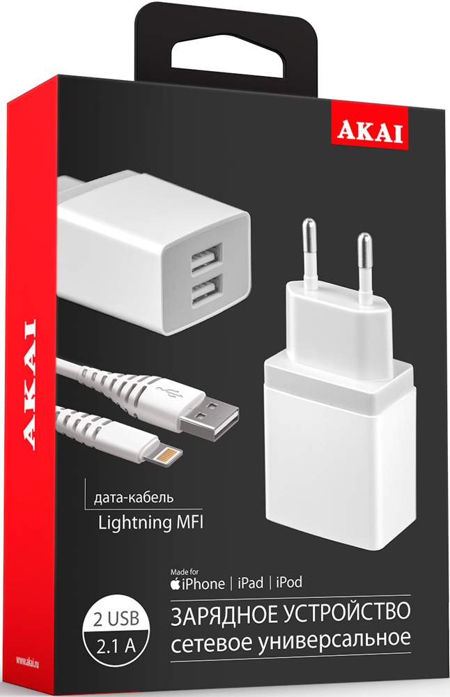 Akai CH-6A06 2USB + дата-кабель Lightning MFI 2.1А White