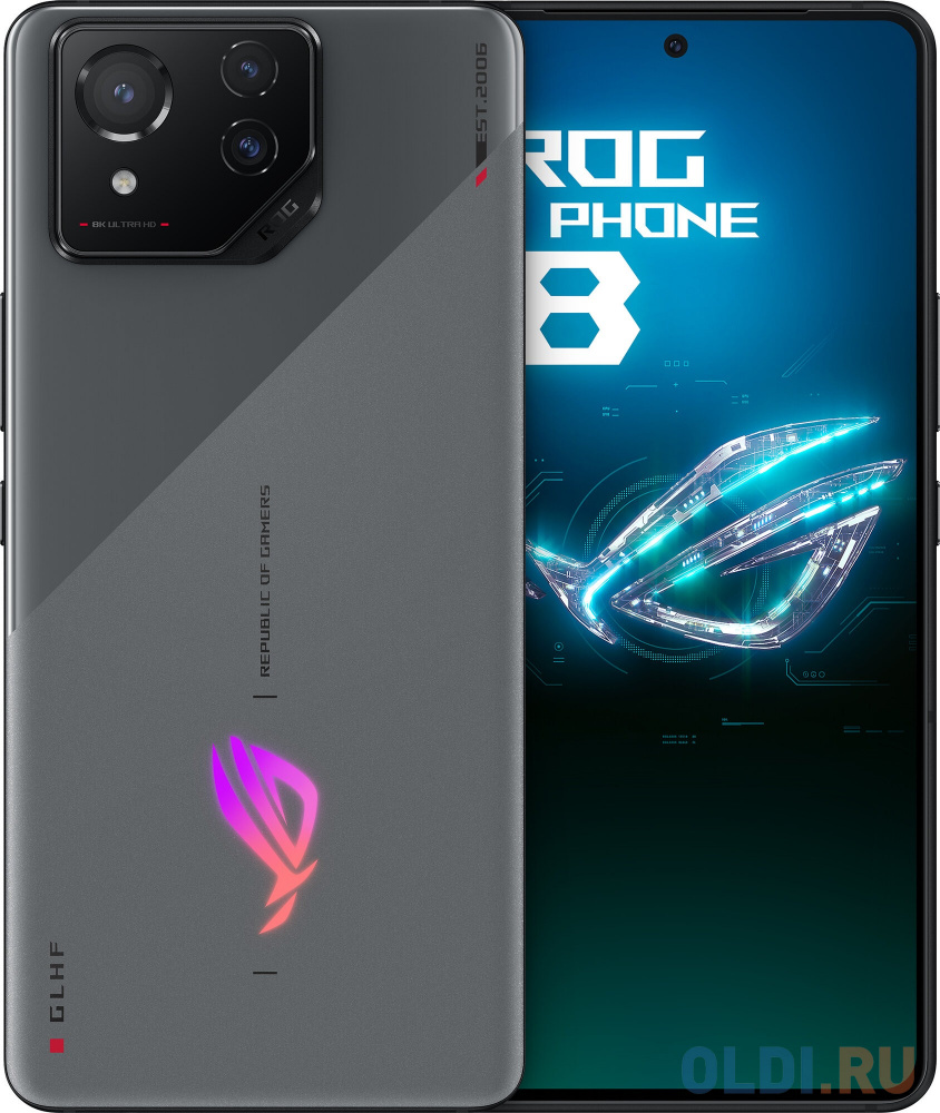 Смартфон Asus AI2401_A ROG Phone 8 256Gb 12Gb серый моноблок 3G 4G 2Sim 6.78&quot; 1080x2400 Android 14 50Mpix 802.11 a/b/g/n/ac/ax/be NFC GPS GSM900/