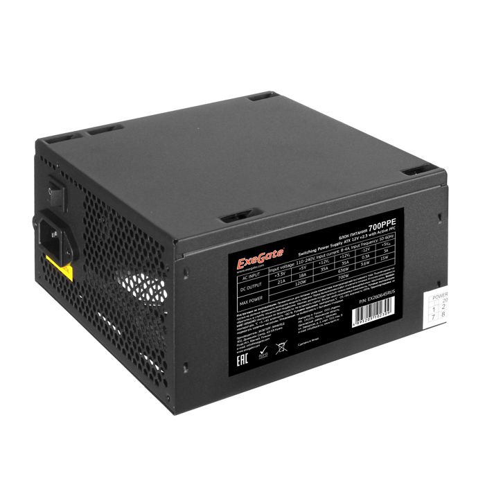 Блок питания ATX Exegate 700PPE EX260645RUS 700W, black, APFC, 12cm, 24p+(4+4)p, PCI-E, 5*SATA, 3*IDE, FDD