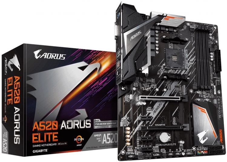 Материнская плата ATX GIGABYTE A520 AORUS ELITE (AM4, AMD A520, 4*DDR4(4733), 4*SATA 6G RAID, M.2, 5*PCIE, 7.1CH, Glan, 6*USB 3.2 ,DVI-D/HDMI) RTL