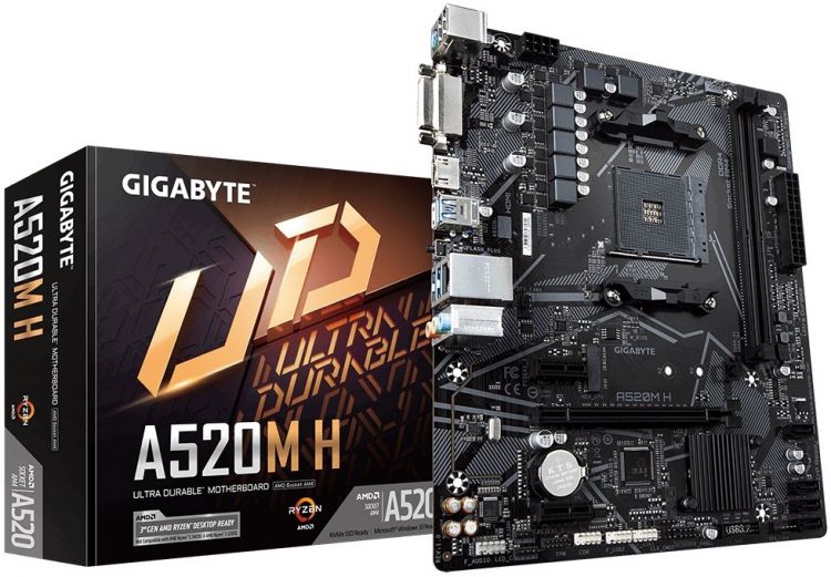 Материнская плата mATX GIGABYTE A520M H (AM4, AMD A520, 2*DDR4(5000), 4*SATA 6G RAID, M.2, 3*PCIE, 7.1CH, Glan, 6*USB 3.2, DVI-D/HDMI) RTL